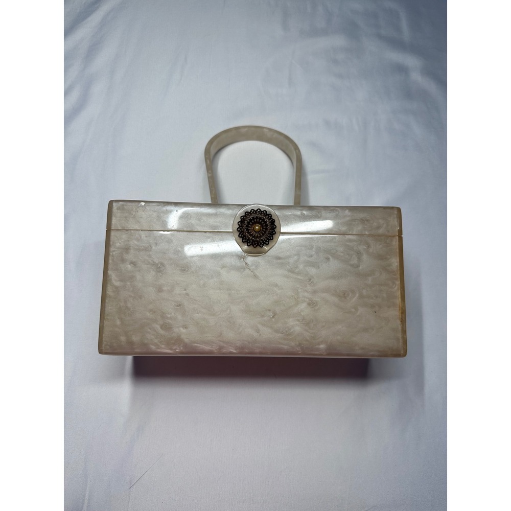 Vintage 1950s Wilardy Lucite Box Bag Marbled Cream Pearlescent Filigree Clasp